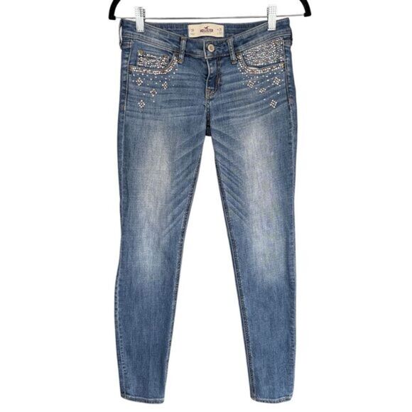 Hollister Women's Bedazzled Mid-Rise Skinny Jeans Blue Denim Medium Wash Size 3R - Picture 1 of 6